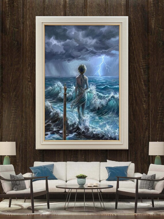 Deep blue surrealist wal lart, woman facing turbulent ocean, large modern abstract canvas art print