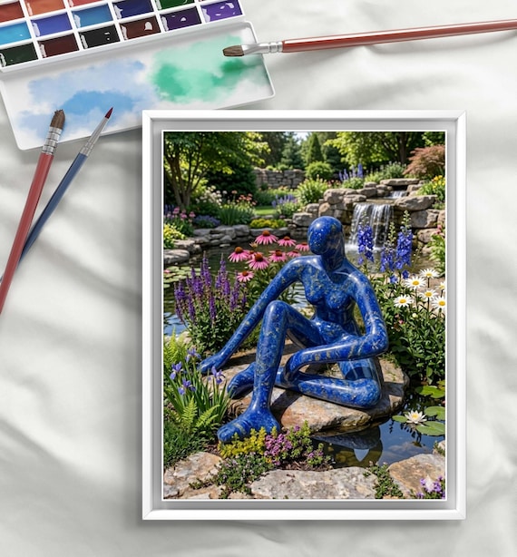 3D Blue sculpture wall art ,surrealist Female figure canvas print, Abstract Figurative Garden Canvas