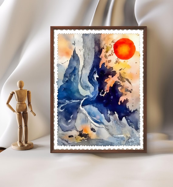 Abstract Landscape Watercolor Print, Navy Blue and Orange sun contemporary  large Wall Art
