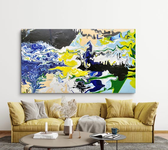 Ethereal Waters  is Original Abstract Impressionist Canvas Painting – Vibrant Teal, Lime, and Indigo Wall Art,