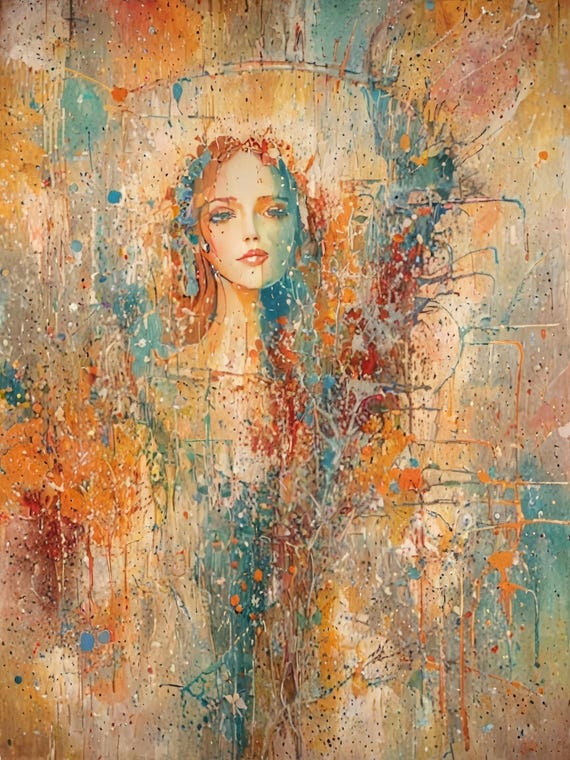 Abstract woman portrait colorful surealism wall art, modern canvas print for living room, unique art gift