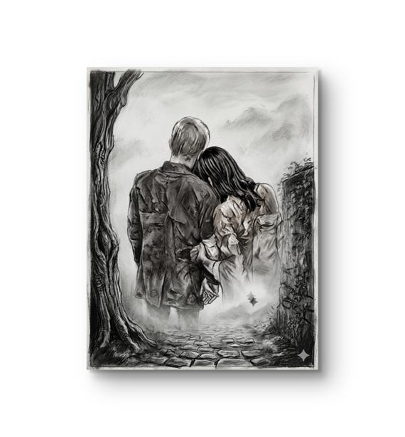 Romantic Couple Charcoal Drawing Art Print, Emotional Wall Art, Abstract Figurative CANVAS PRINT,