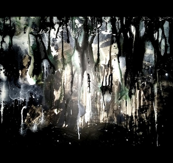 Dark Abstract Forest Painting, Moody Stormy Landscape, Black and White Rain Art