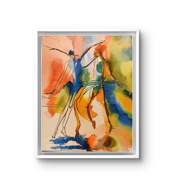 Symphony in Motion and Colors with this captivating abstract watercolor painting. Featuring dancers in fluid