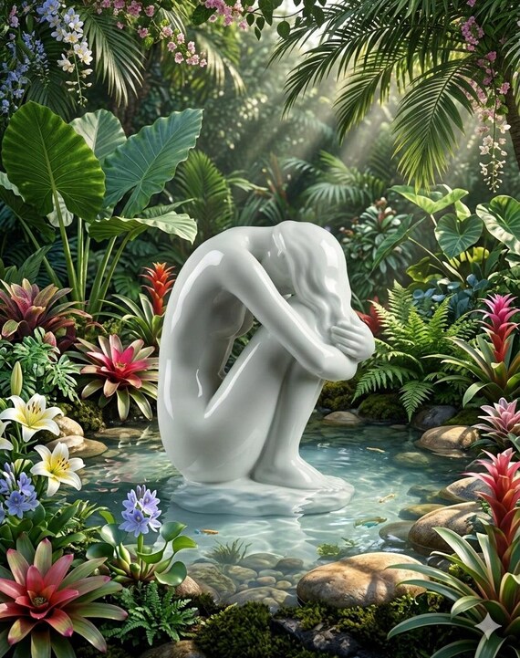 Large Abstract Nude Statue Canvas Print - White Sculpture in Tropical Zen  Art canvas