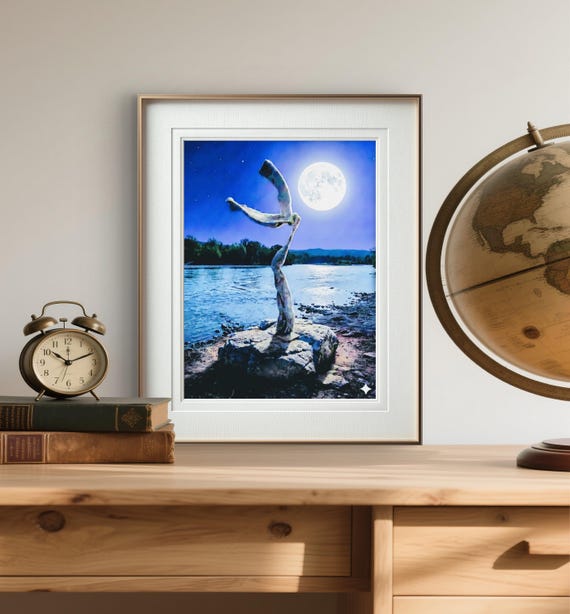 3D texture Surreal bronze Sculpture wall art moonlight Celestial River Landscape Print