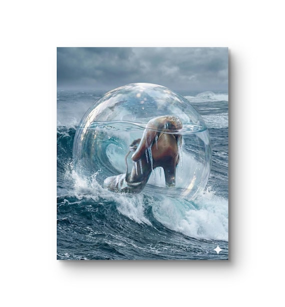 Surreal Bronze Sculpture in Glass Bubble, Ocean Wave Art Print