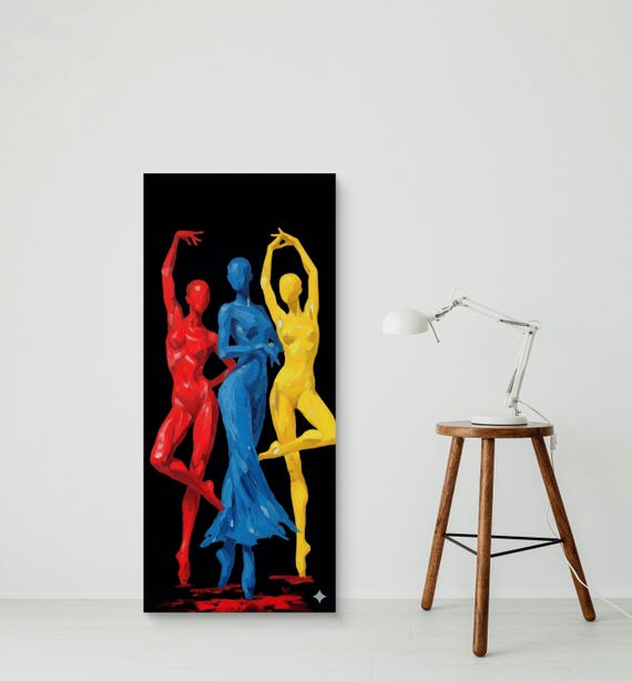 Modern Abstract Figurative Wall Art, Red Blue Yellow Three Graces Canvas Print,