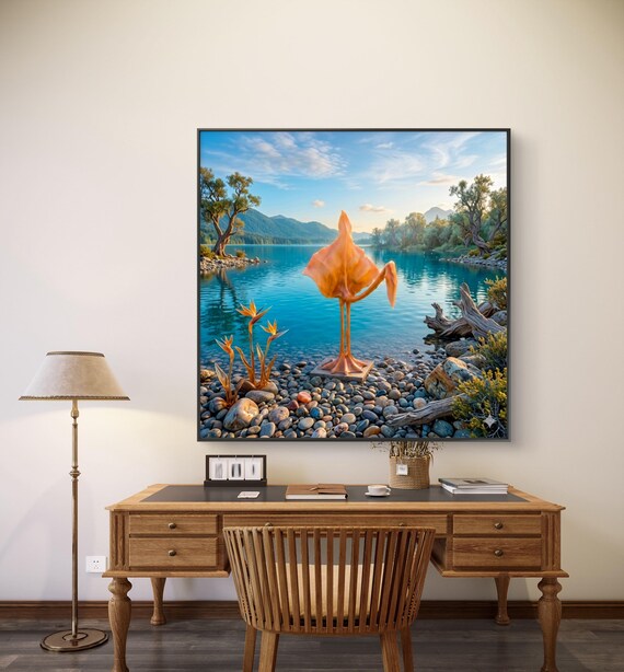 3D Bird of Paradise Sculpture wall Art Print Surreal Orange Flamingo canvas  Print on Lake Landscape Decor, t