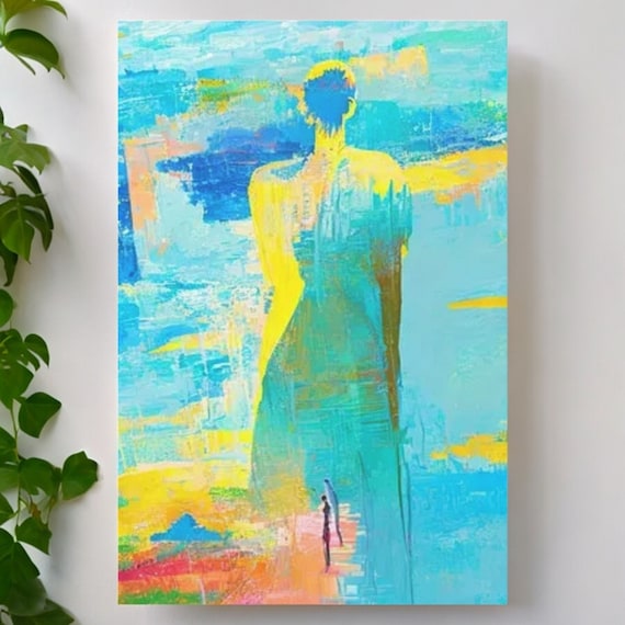 Silhouette of a Blue woman painted with bold yellow  against a bright blue Abstract Wall Art