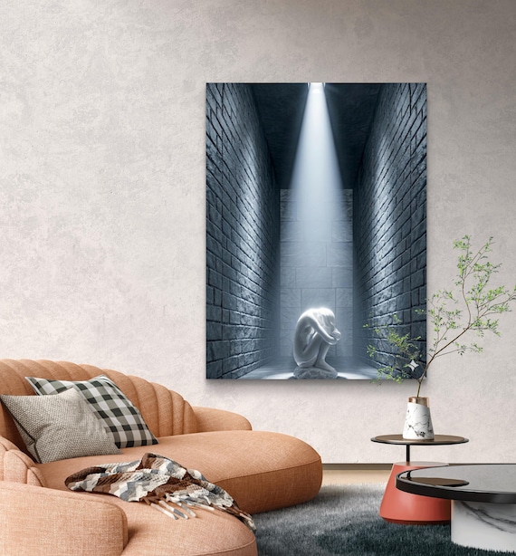 3D Surrealist minimalist Sculpture wall Art canvas  Print - Contemplative Nude in a Modern Stone Hallway -