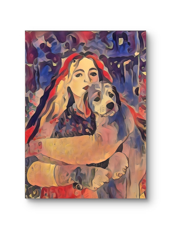 Colorful Woman imbrace HER Dog Art Print acrylic femily room figurative  watercolor Painting