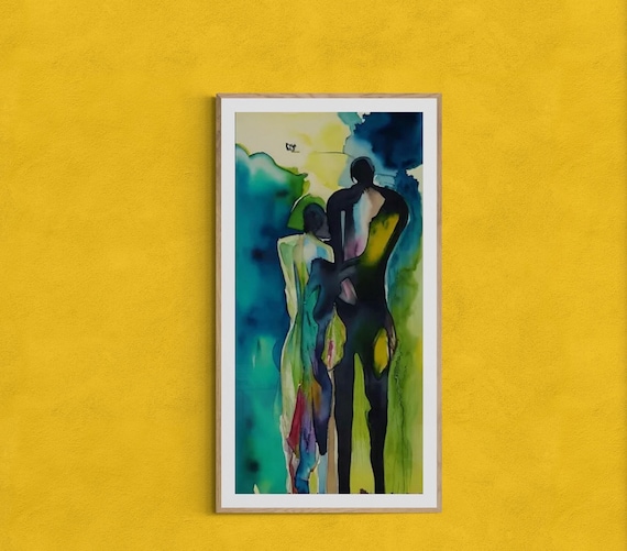 Loving couple standing into an unseen and mysterious  viewwall art canvas