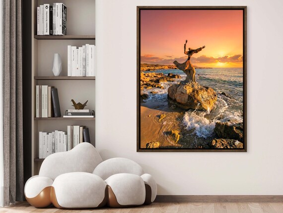 3D The Eternal Dance of the Shore  wall art  canvas Surrealist print, Bronze-Tone Coastal Sculpture at Sunset