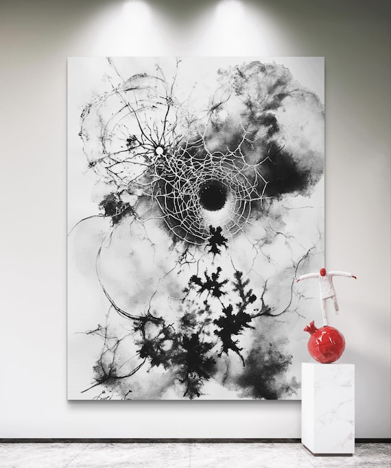 Abstract Black and White Ink Spider Web Print: Modern Wall Art poster