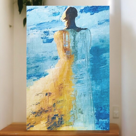 Blue Woman Canvas Painting, Figurative Abstract Art, Home Decor