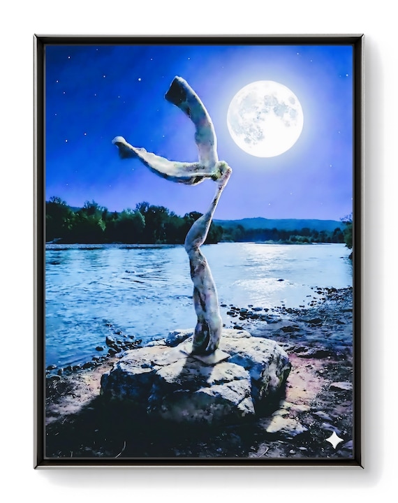 Ethereal Moonlit  Sculpture in Surreal Night River Landscape poster