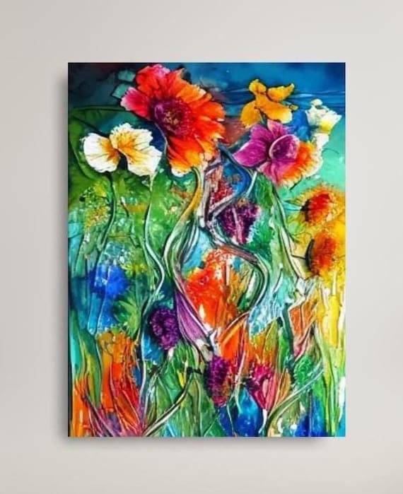 Colorful Abstract Floral Canvas Print Vivid red, yellow blue Flowers Home Art Decor