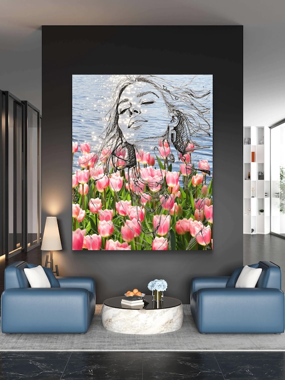 Ethereal Serenity: Mixed Media Line Art Print – Woman, Pink Tulips, and Sparkling Water