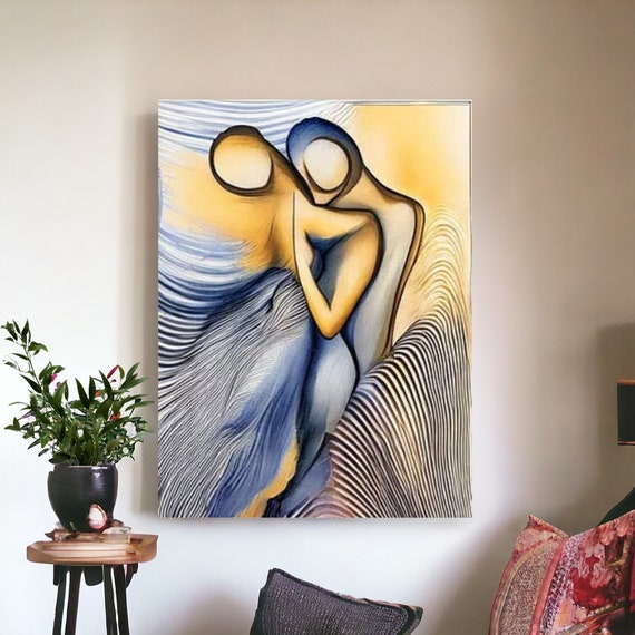 surreal  abstract couple embrace canvas art, modern figurative wall decor, romantic soulmate  painting