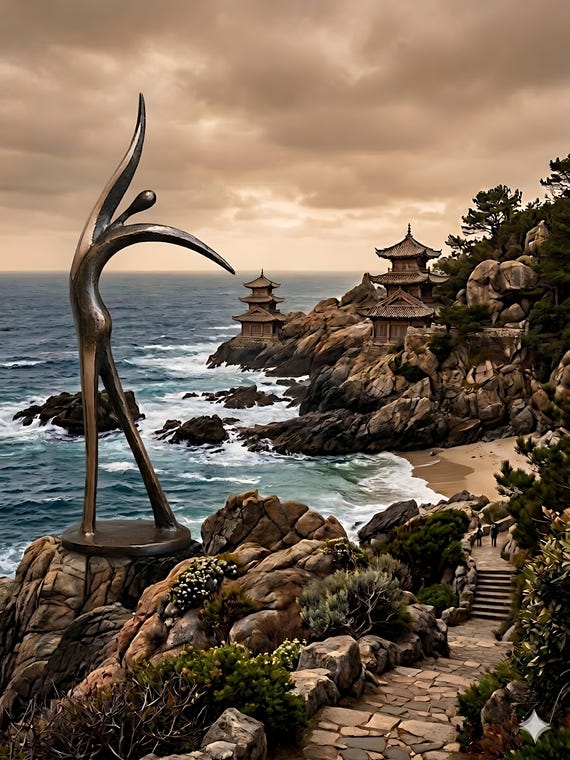 Surreal Coastal Sculpture Wall Art  Abstract Bronze Statue & Japanese Pagoda Print Landscape