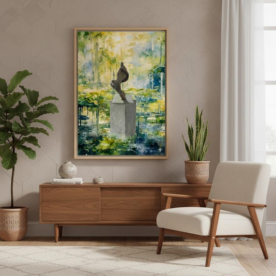 Surreal Abstract wall art print  of bronze Sculpture on Landscape