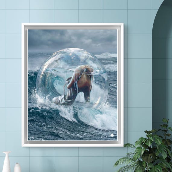 3D Surrealist art sculpture canvas, woman in bubble floating on sea, modern metaphysical wall art, deep blue decor
