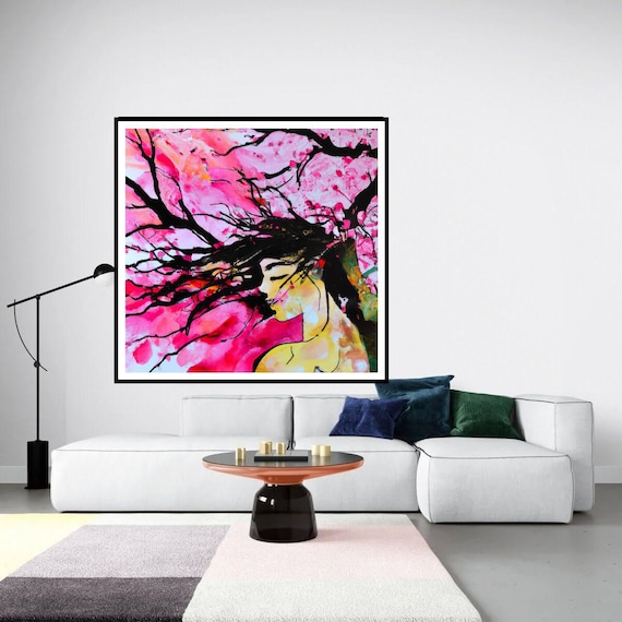 Powerful visual allegory of the complex modern woman. Canvas Art - Pink Cherry Blossom Surreal Painting