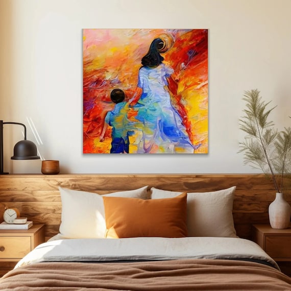 Colorful Mother and Son Art Print Abstract Family Room wall art Decor