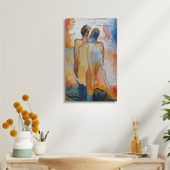 Watercolor Abstract Lovers in Canvas, femily room Print Figurative Art, Modern Wall Decor