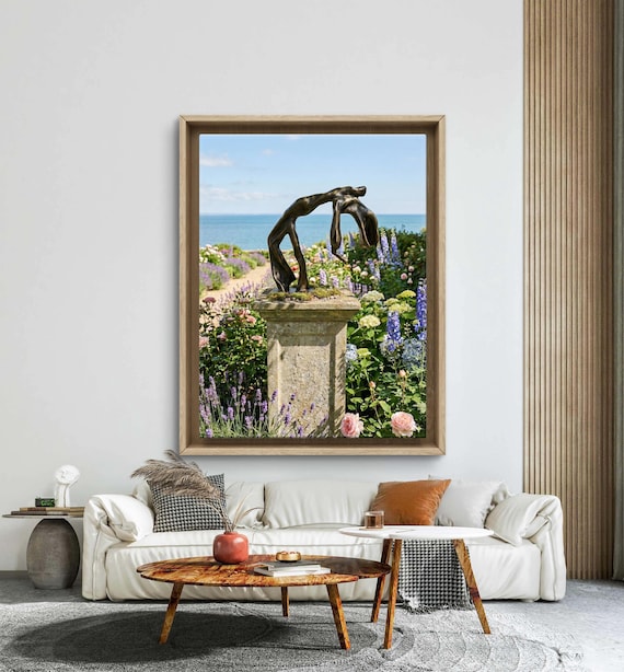 Abstract Bronze Sculpture on Dramatic Coastal Cliff – Fine Art Print  silk poster