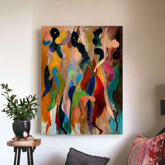 African modern Dancing Group Figurative Abstract Painting on Canvas living room Colorful Wall Art