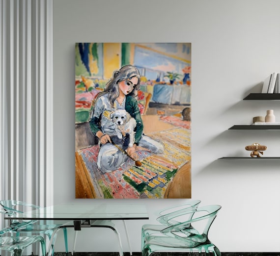 Girl and Her Dog Vibrant Impressionist Painting  Colorful Family room Wall Art