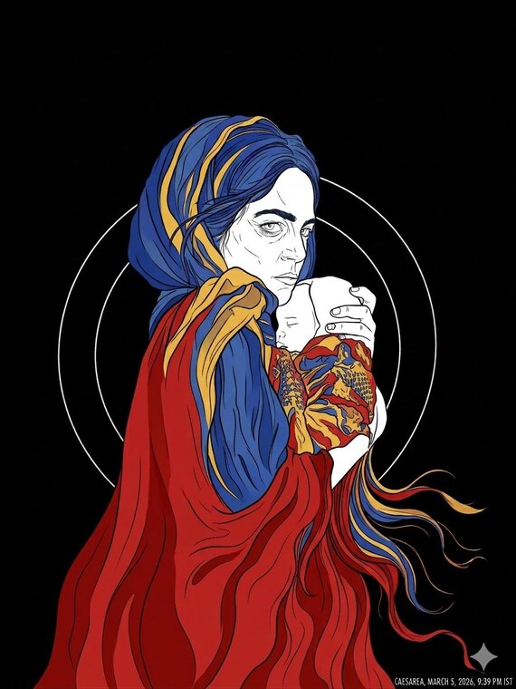 A mother holding an infant, evocative of classical "Madonna and Child"  canvas wall art