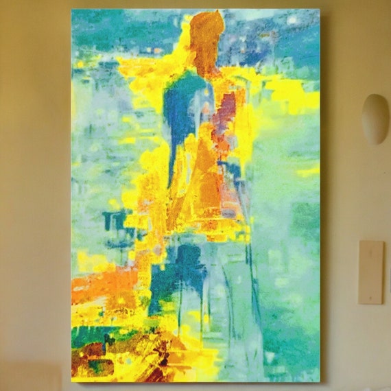 Yellow Woman Abstract Painting, Handmade Modern Canvas Wall Art