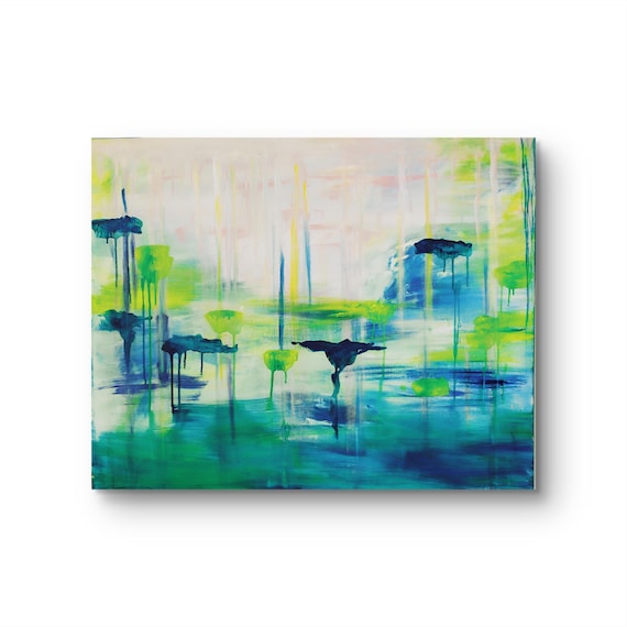 GREEN  Abstract Forest Landscape Art,  Blue Yellow Canvas Painting