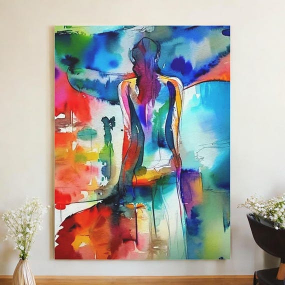 Original Watercolor Painting – Minimalist Woman in  deep Blue – Abstract Female Portrait,  Vibrant colorful  canvas painting