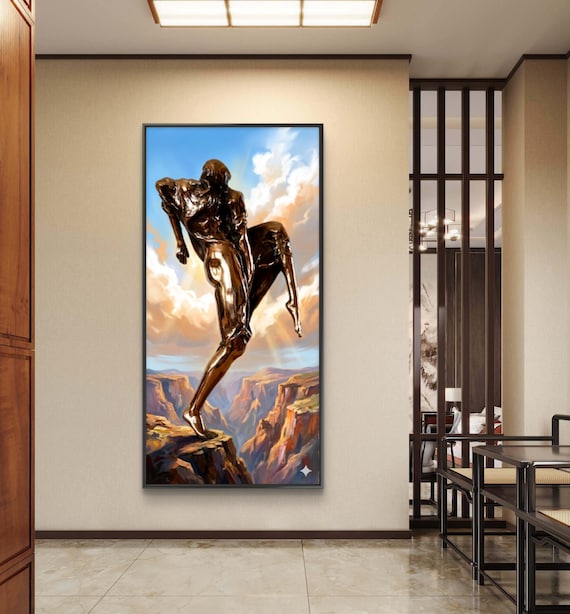 Bronze Figure Art Print: Dynamic Sculpture on Cliff Edge