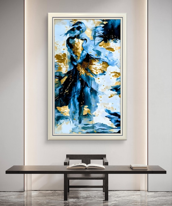Gold blue Abstract Woman Canvas art Print Modern Figurative bedroom wall Art
