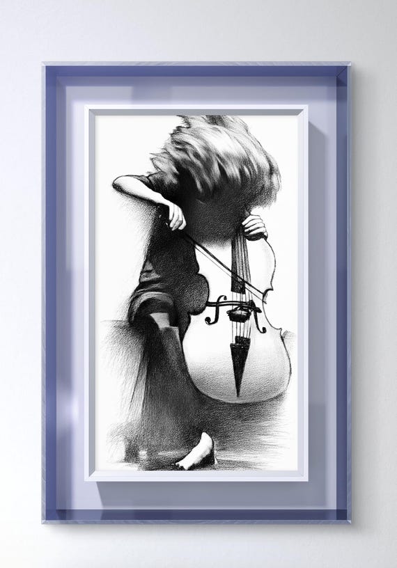 Minimalist Black White Cello Player Canvas Art: Modern Figurative Musician Wall Deco,