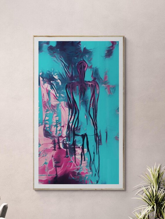 Turquoise Abstract Woman painting, Canvas art Print Figurative wall Art