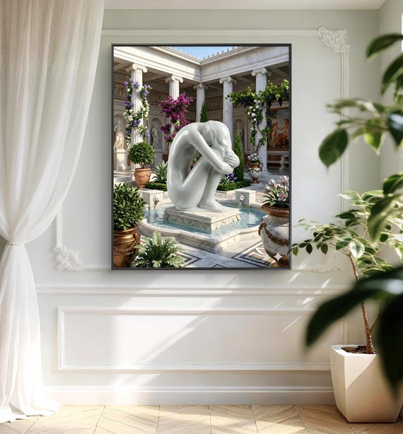 3D Large Abstract Nude Statue Canvas Print - White plaster Sculpture in Tropical Zen  Art canvas