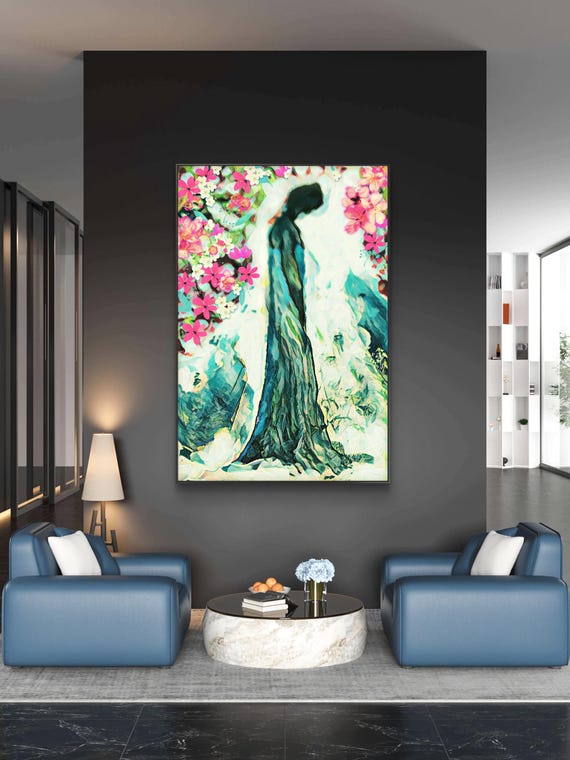 Blue Silhouette Wall Art | Abstract Floral Woman Canvas Print | Surrealist Cherry Blossom Decor