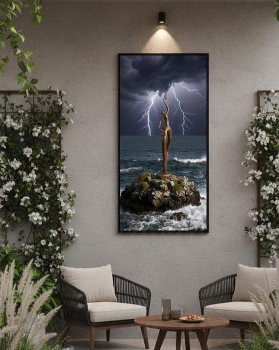 3D Bronze Sculpture canvas print of a Stormy Sea, Lightning, Rock, Nautical  wall Art
