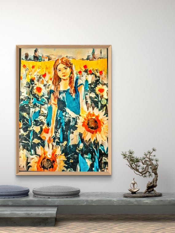 mpressionist Painting: Woman Blue Dress Sunflowers Red Poppies