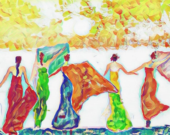 Dancing Wemen by the Sea Colorful Abstract Art Print on Canvas