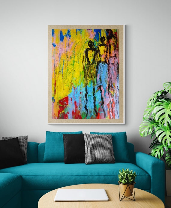 Three dancing  women Figurative Abstract painting on canvas, contemporary   decor art, living room wall art,