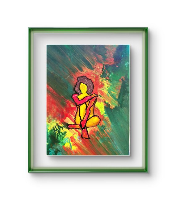 Woman sitting calmly in a  Colorful landscape on Canvas Print, watercolor Painting