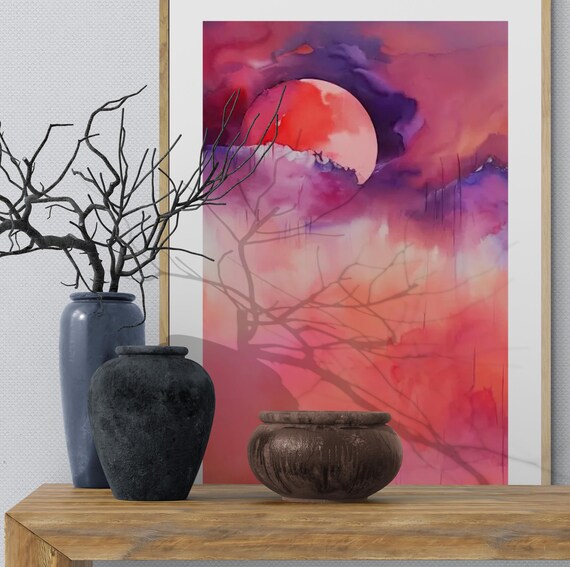 Red Moon Abstract Painting Rich Expressionist Colors Large Wall Art poster