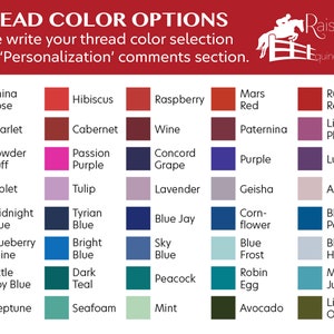 May include: A chart of thread color options for a sewing project. The chart includes 36 different colors, with names like China Rose, Scarlet, Powder Puff, Violet, Midnight Blue, Blueberry Shine, Little Boy Blue, Neptune, Hibiscus, Raspberry, Mars Red, Ruby Red, Cabernet, Wine, Paternina, Light Plum, Passion Purple, Concord Grape, Purple, Luxury, Tulip, Lavender, Geisha, Amethyst, Tyrian Blue, Blue Jay, Corn-flower, Blue Pacific, Bright Blue, Sky Blue, Blue Frost, Blue Hint, Dark Teal, Peacock, Robin Egg, Mint Julep, Seafoam, Mint, Avocado, and Light Olive.